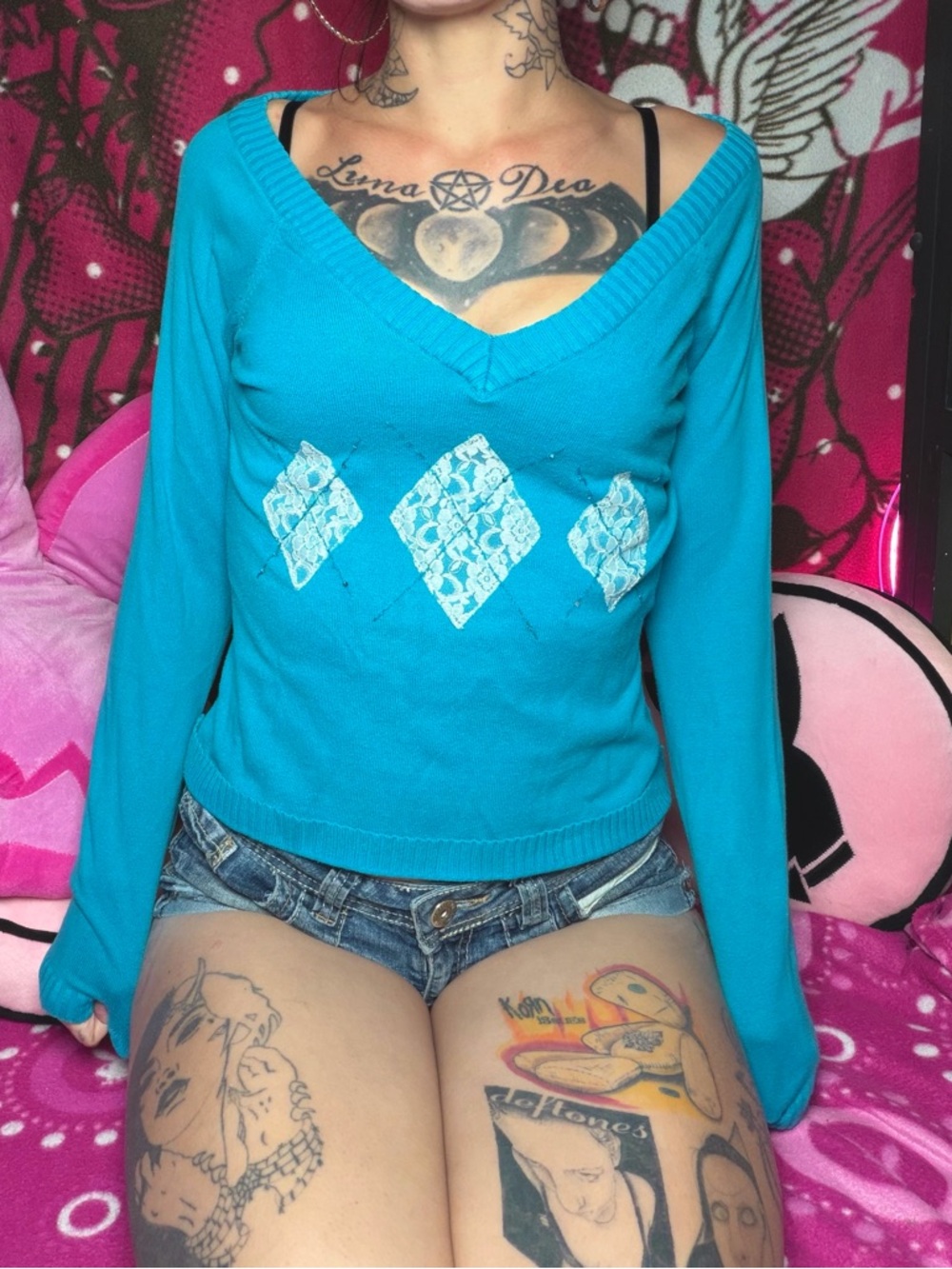 Y2k Pink Poodle Blue Sweater Lace Argyle V Neck Size Small